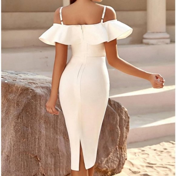 white lace front ruffle trim bodycon dress classy sassy sexy elegant holiday - Picture 5 of 6